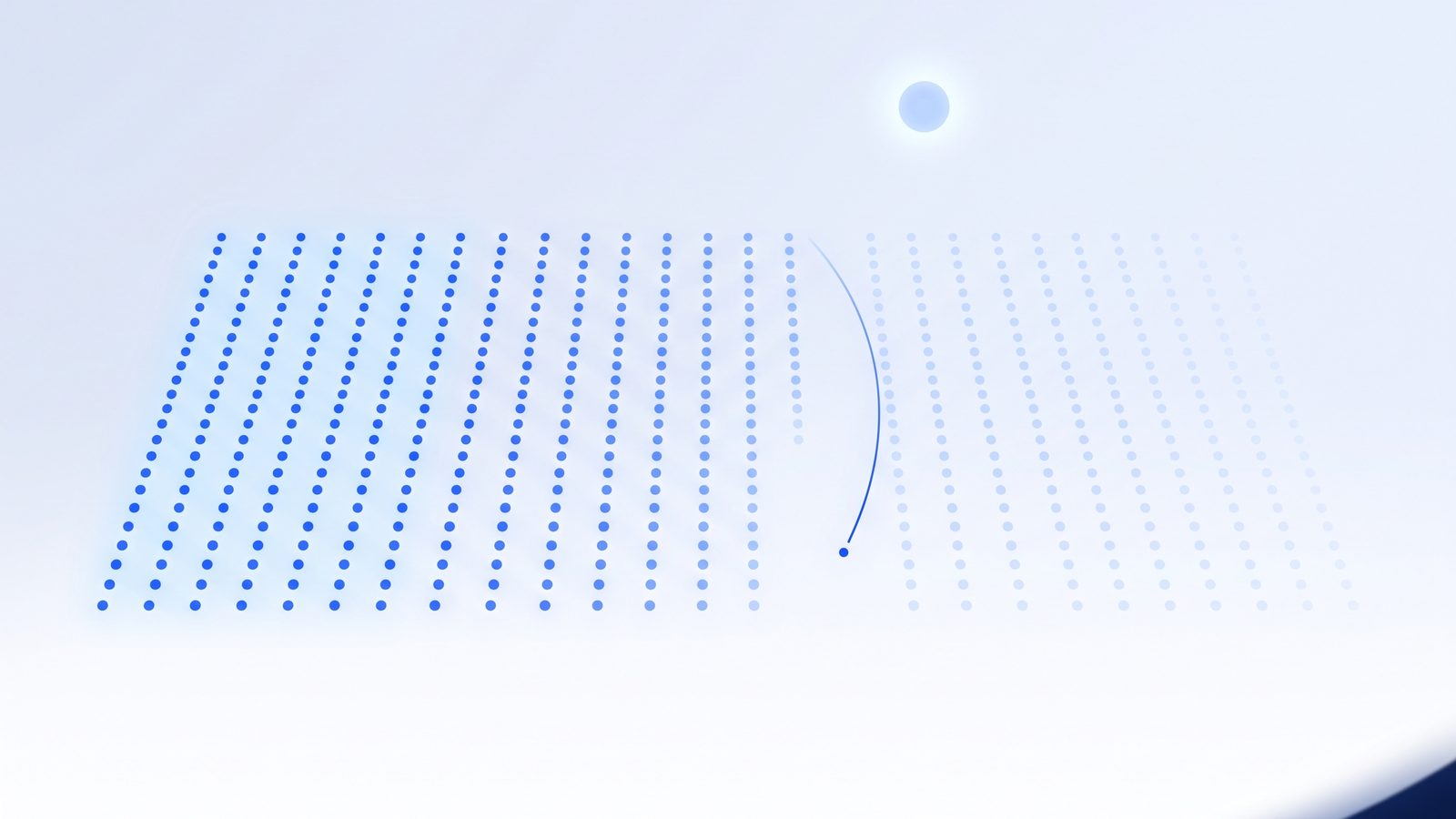 A grid of blue dots lit in bright columns that fade towards the right, with one steady light above it
